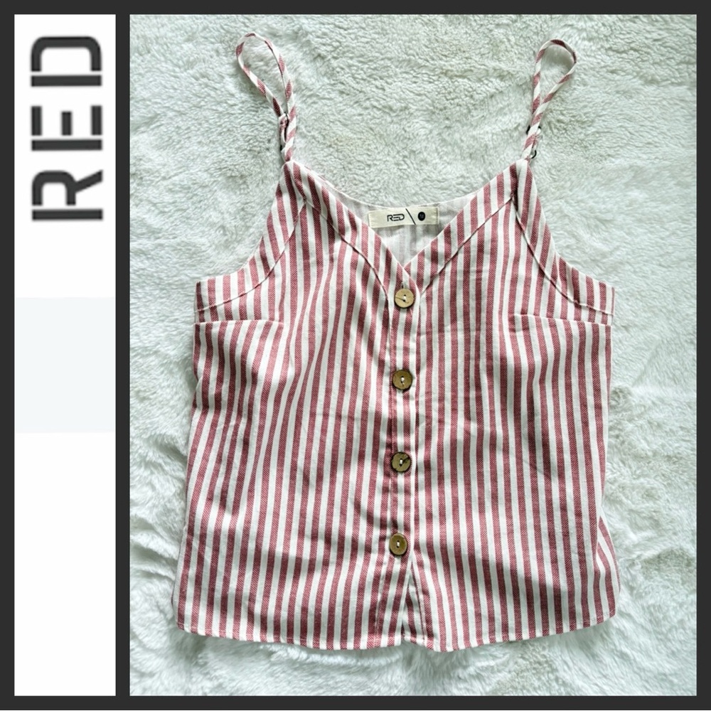 NWOT RED Linen Blend Striped Button-Front Cami~Red & White